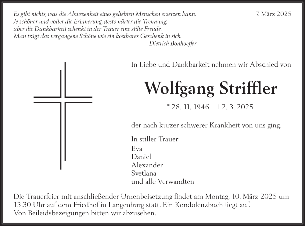  Traueranzeige für Wolfgang Striffler vom 07.03.2025 aus Hohenloher Tagblatt