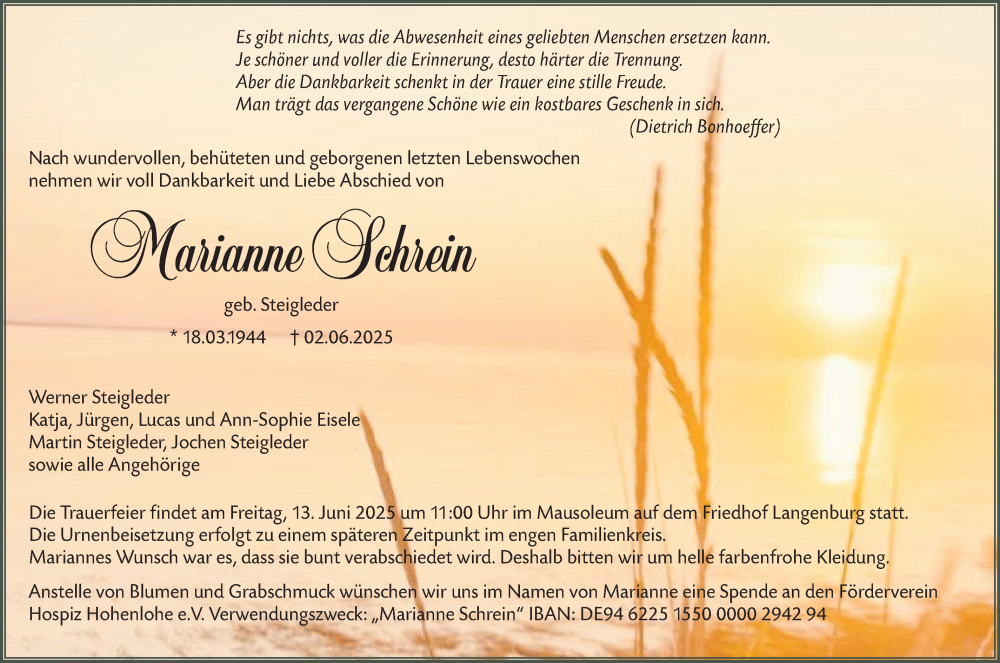  Traueranzeige für Marianne Schrein  vom 10.06.2025 aus Hohenloher Tagblatt