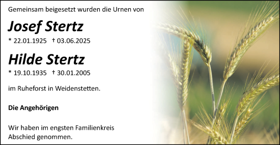 Traueranzeige von Hilde Stertz von SÜDWEST PRESSE Ausgabe Ulm/Neu-Ulm