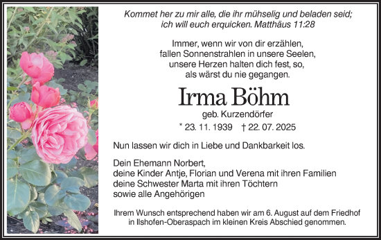 Traueranzeige von Irma Böhm von Hohenloher Tagblatt