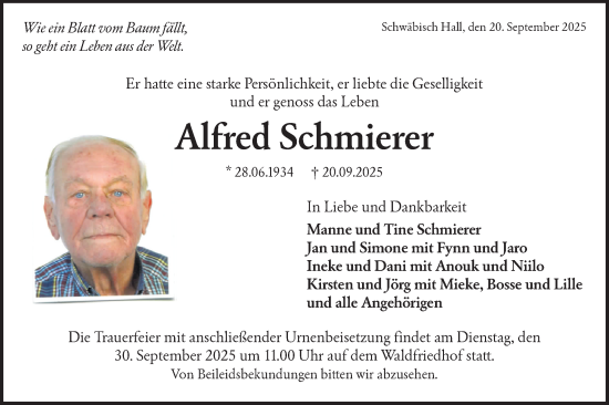 Traueranzeige von Alfred Schmierer von Haller Tagblatt