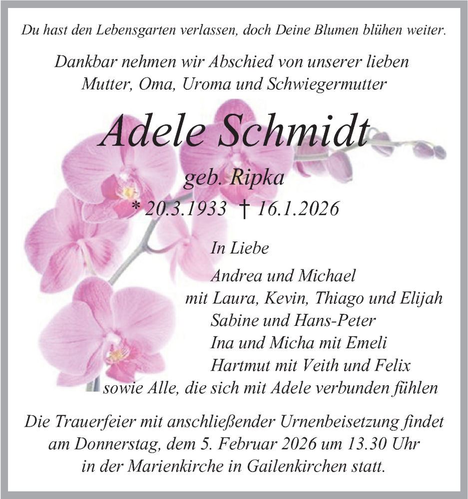  Traueranzeige für Adele Schmidt vom 24.01.2026 aus Haller Tagblatt