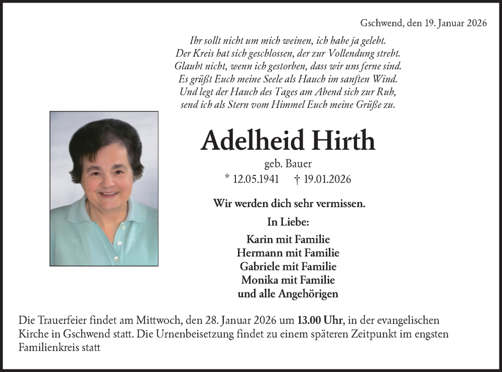  Traueranzeige für Adelheid Hirth vom 24.01.2026 aus Rundschau Gaildorf