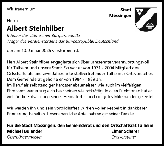 Traueranzeige von Albert Steinhilber von Schwäbische Tagblatt