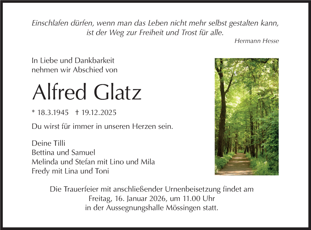  Traueranzeige für Alfred Glatz vom 12.01.2026 aus Schwäbische Tagblatt
