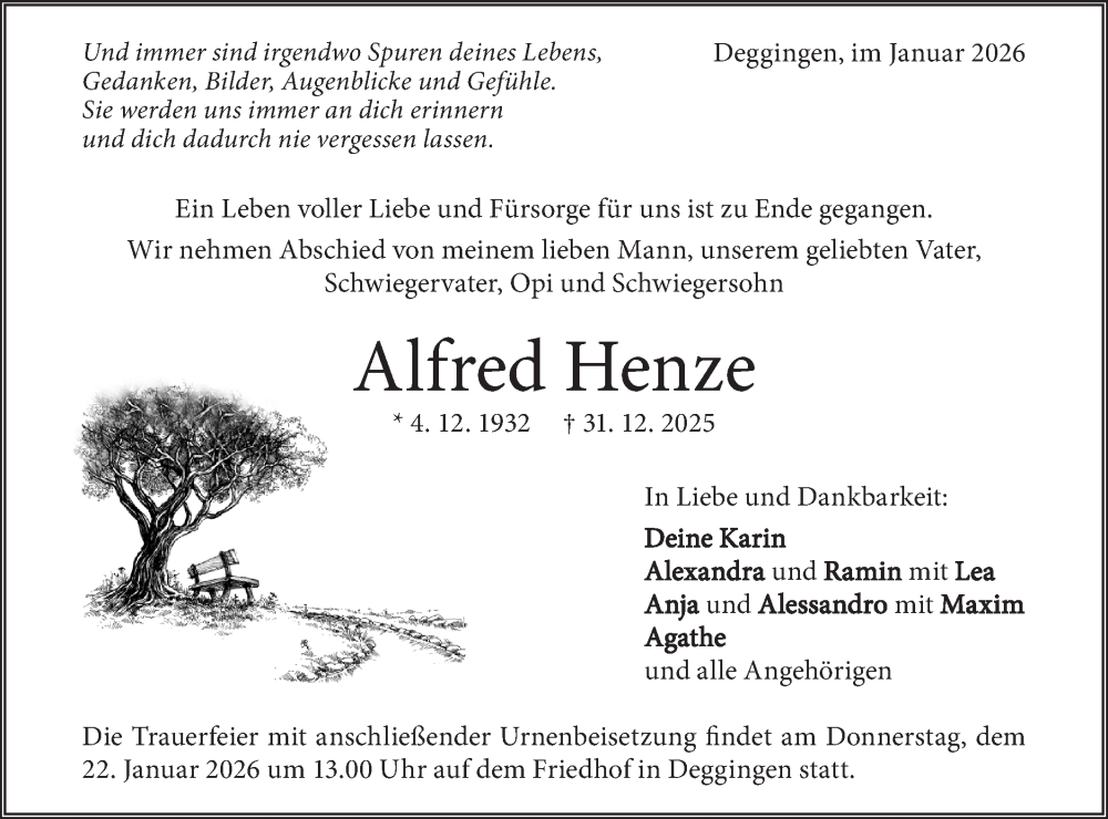  Traueranzeige für Alfred Henze vom 10.01.2026 aus Geislinger Zeitung