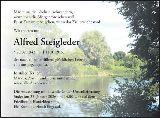 Traueranzeige von Alfred Steigleder von Hohenloher Tagblatt