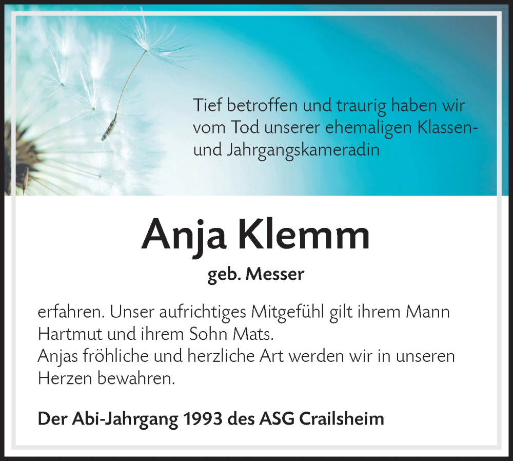  Traueranzeige für Anja Klemm vom 13.01.2026 aus Hohenloher Tagblatt