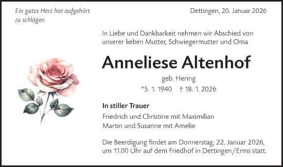 Traueranzeige von Anneliese Altenhof von Alb-Bote/Metzinger-Uracher Volksblatt