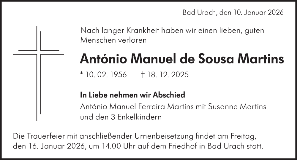  Traueranzeige für António Manuel de Sousa Martins vom 10.01.2026 aus Alb-Bote/Metzinger-Uracher Volksblatt