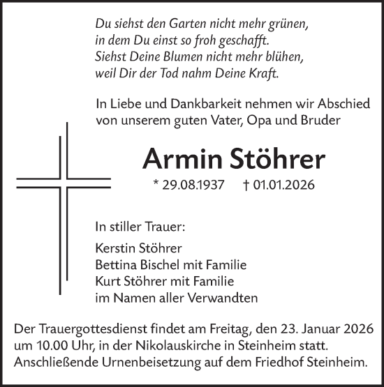 Traueranzeige von Armin Stöhrer von SÜDWEST PRESSE Ausgabe Ulm/Neu-Ulm/Neu-Ulmer Zeitung
