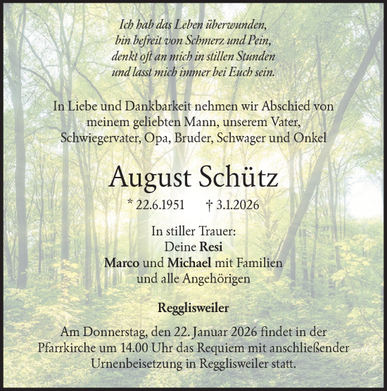 Traueranzeige von August Schütz von SÜDWEST PRESSE Ausgabe Ulm/Neu-Ulm