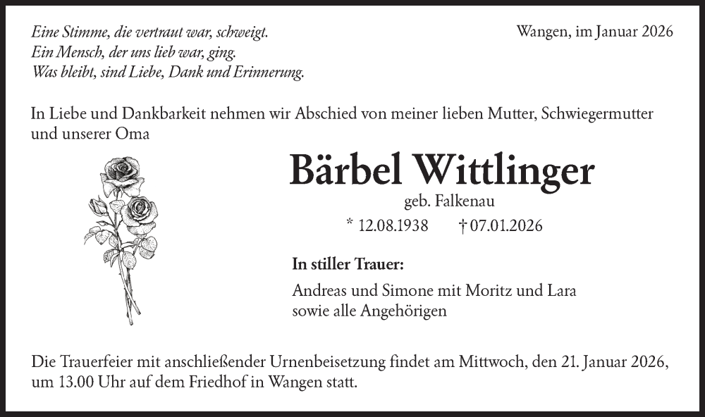  Traueranzeige für Bärbel Wittlinger vom 17.01.2026 aus NWZ Neue Württembergische Zeitung