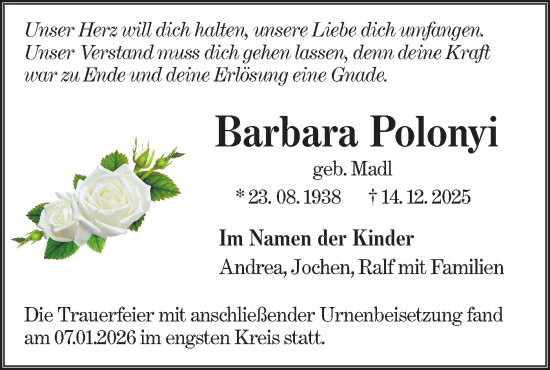 Traueranzeige von Barbara Polonyi von NWZ Neue Württembergische Zeitung