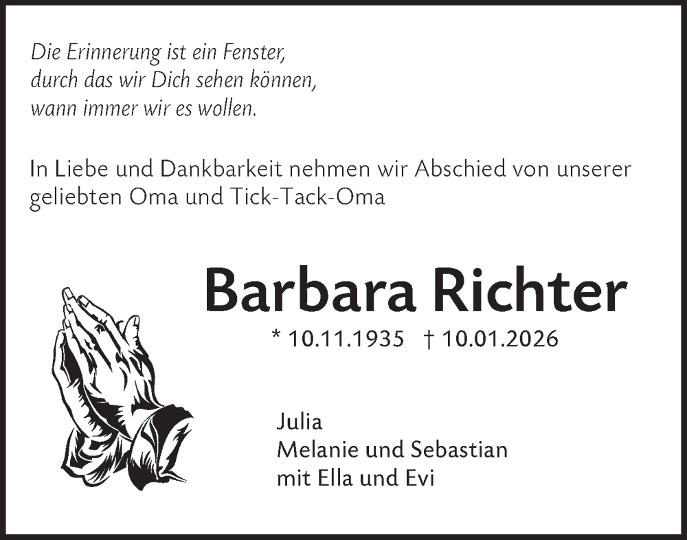  Traueranzeige für Barbara Richter vom 17.01.2026 aus NWZ Neue Württembergische Zeitung