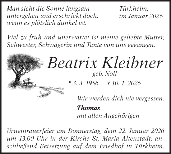 Traueranzeige von Beatrix Kleibner von Geislinger Zeitung