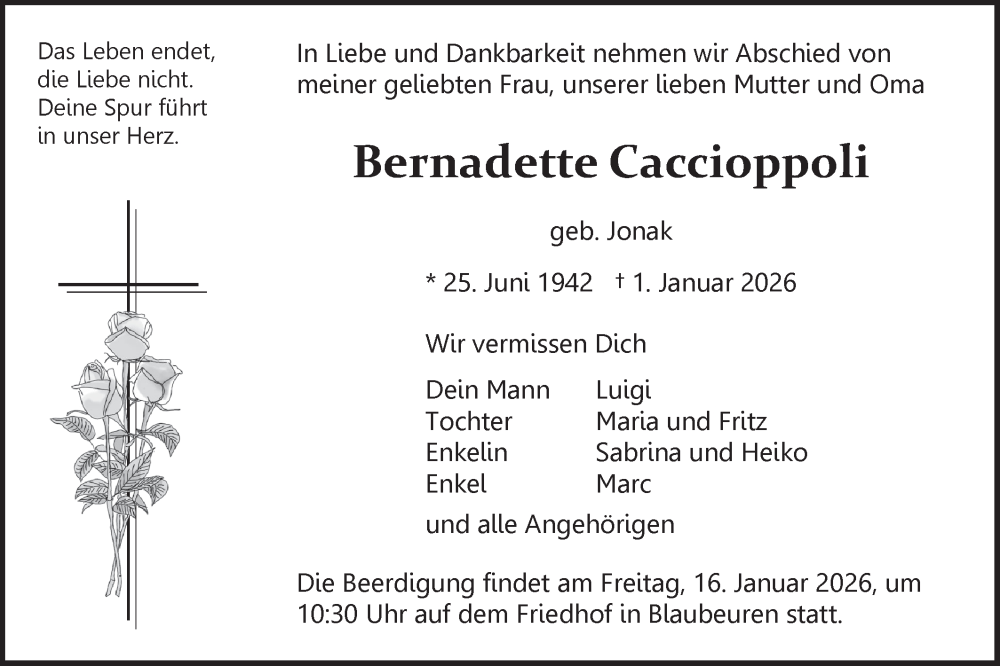  Traueranzeige für Bernadette Caccioppoli vom 12.01.2026 aus SÜDWEST PRESSE Ausgabe Ulm/Neu-Ulm