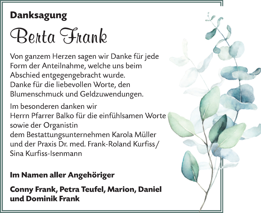  Traueranzeige für Berta Frank vom 24.01.2026 aus Rundschau Gaildorf