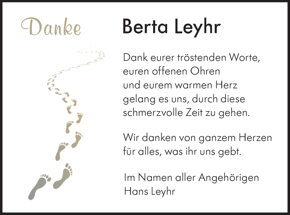  Traueranzeige für Berta Leyhr vom 24.01.2026 aus Alb-Bote/Metzinger-Uracher Volksblatt