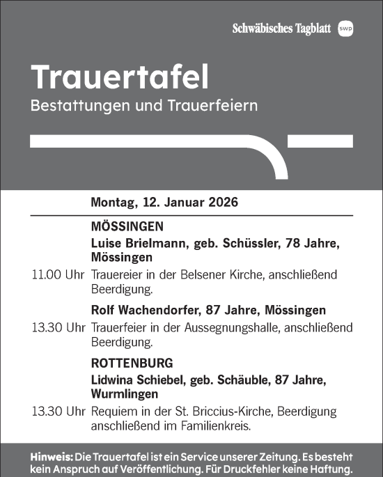 Traueranzeige von Bestattungen vom 12.01.2026 von Schwäbische Tagblatt