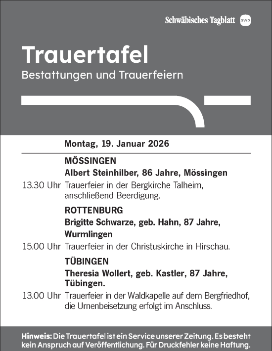 Traueranzeige von Bestattungen vom 19.01.2026 von Schwäbische Tagblatt