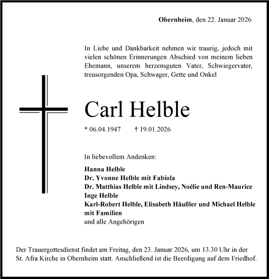 Traueranzeige von Carl Helble von SÜDWEST PRESSE Zollernalbkreis/Hohenzollerische Zeitung