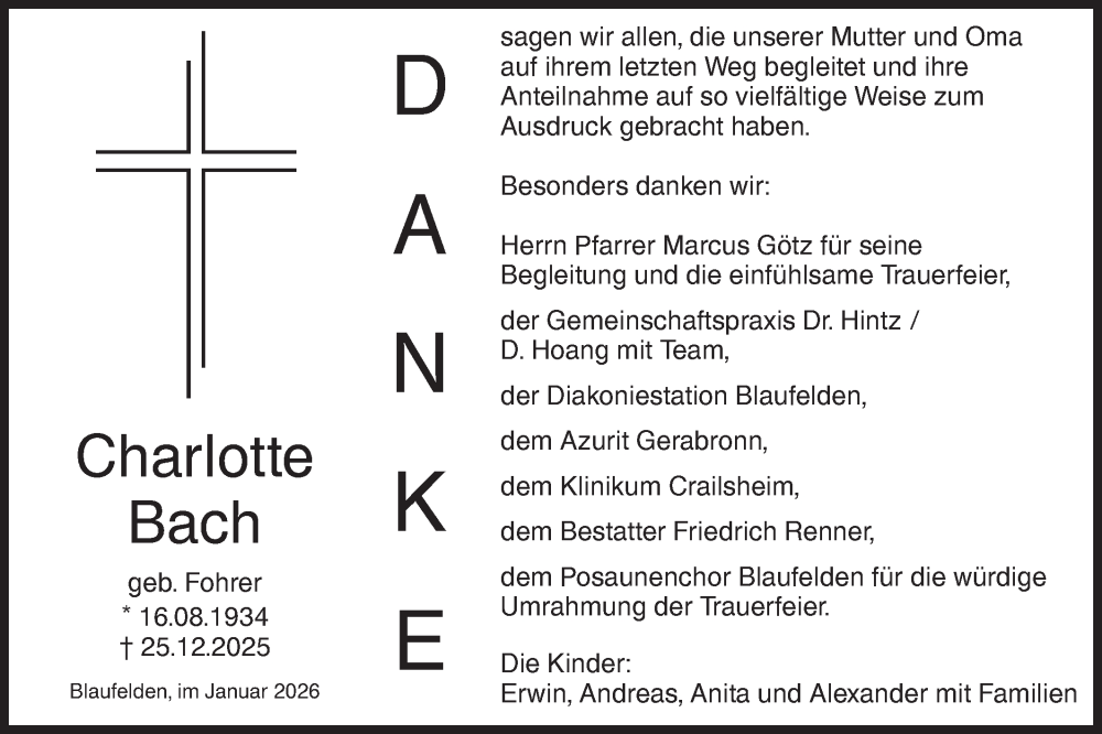  Traueranzeige für Charlotte Bach vom 17.01.2026 aus Hohenloher Tagblatt