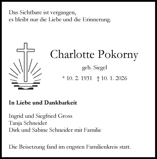 Traueranzeige von Charlotte Pokorny von Schwäbische Tagblatt
