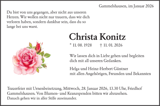 Traueranzeige von Christa Konitz von NWZ Neue Württembergische Zeitung/Geislinger Zeitung
