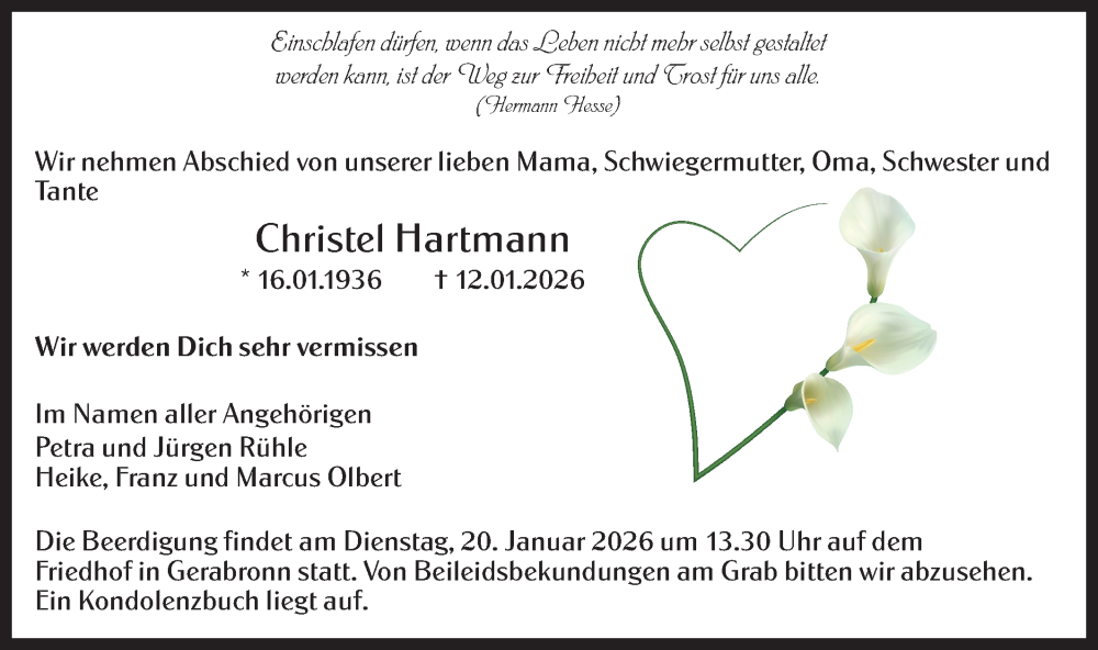  Traueranzeige für Christel Hartmann vom 16.01.2026 aus Hohenloher Tagblatt