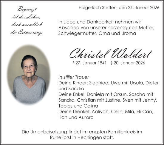 Traueranzeige von Christel Woldert von SÜDWEST PRESSE Zollernalbkreis/Hohenzollerische Zeitung