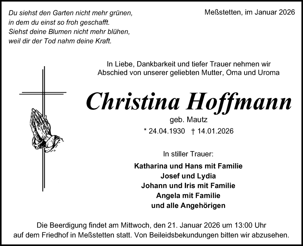  Traueranzeige für Christina Hoffmann vom 19.01.2026 aus SÜDWEST PRESSE Zollernalbkreis/Hohenzollerische Zeitung