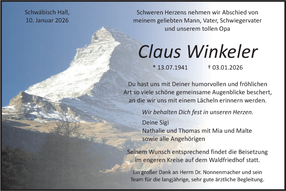  Traueranzeige für Claus Winkeler vom 10.01.2026 aus Haller Tagblatt