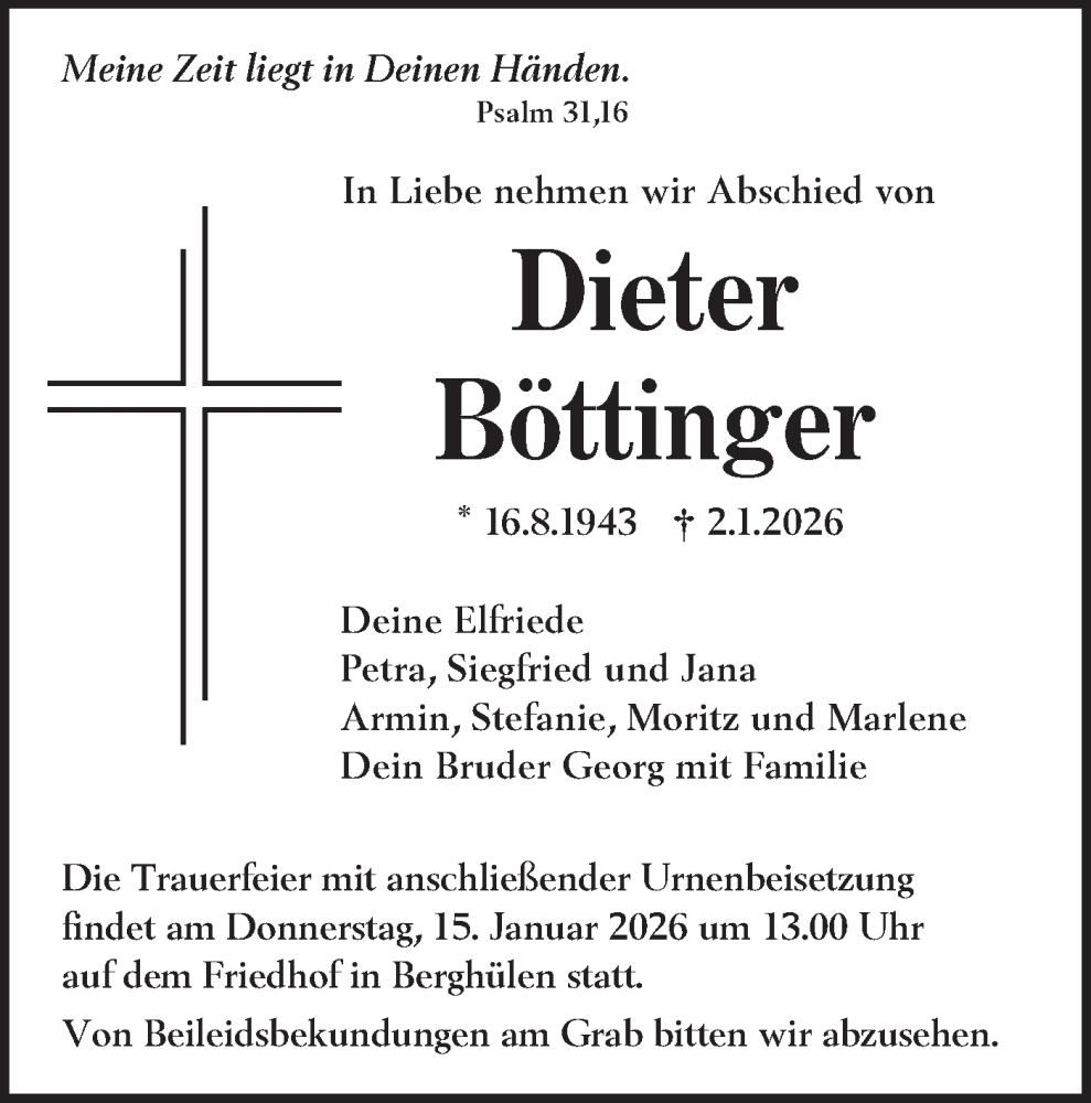  Traueranzeige für Dieter Böttinger vom 09.01.2026 aus SÜDWEST PRESSE Ausgabe Ulm/Neu-Ulm