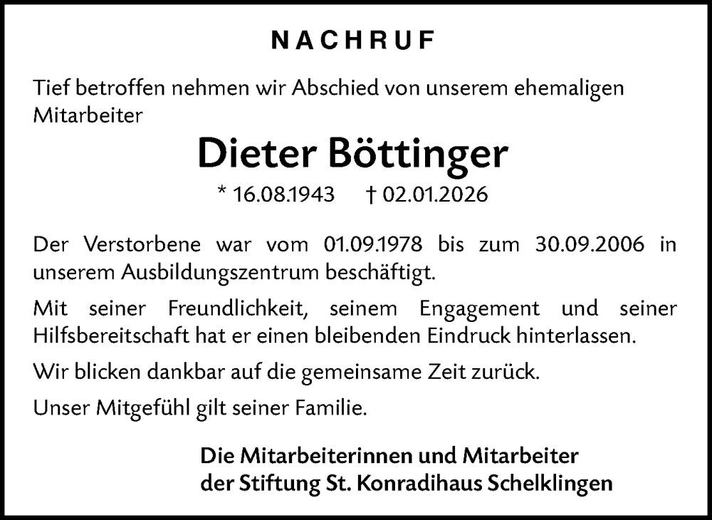  Traueranzeige für Dieter Böttinger vom 16.01.2026 aus SÜDWEST PRESSE Ausgabe Ulm/Neu-Ulm