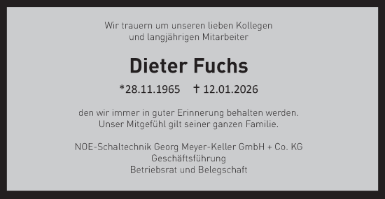 Traueranzeige von Dieter Fuchs von NWZ Neue Württembergische Zeitung