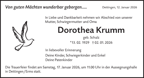 Traueranzeige von Dorothea Krumm von Alb-Bote/Metzinger-Uracher Volksblatt
