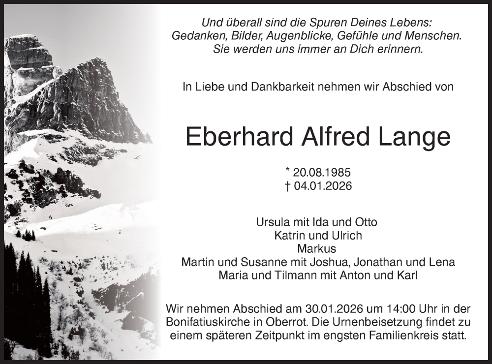  Traueranzeige für Eberhard Alfred Lange vom 23.01.2026 aus Rundschau Gaildorf/Haller Tagblatt