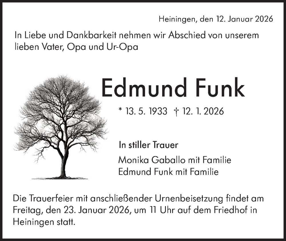  Traueranzeige für Edmund Funk vom 17.01.2026 aus NWZ Neue Württembergische Zeitung