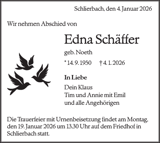 Traueranzeige von Edna Schäffer von NWZ Neue Württembergische Zeitung