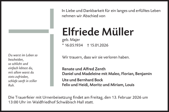 Traueranzeige von Elfriede Müller von Haller Tagblatt