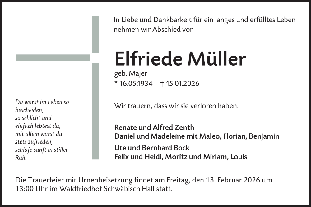  Traueranzeige für Elfriede Müller vom 24.01.2026 aus Haller Tagblatt
