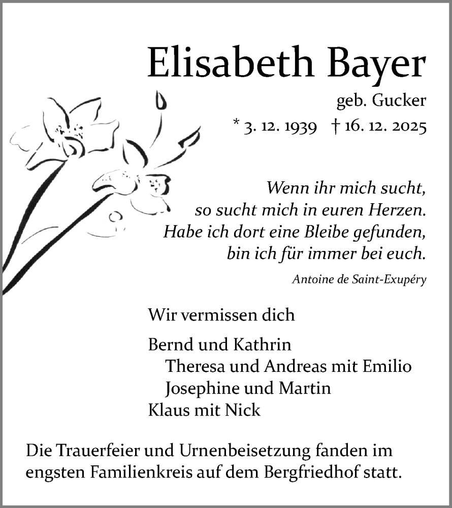  Traueranzeige für Elisabeth Bayer vom 10.01.2026 aus Schwäbische Tagblatt