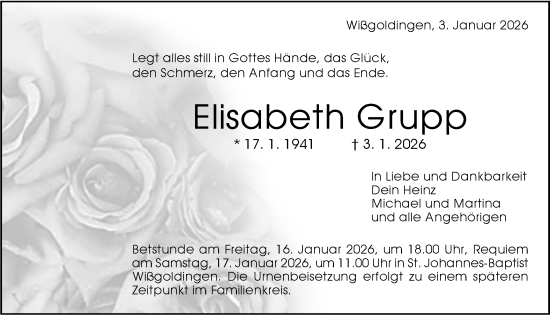 Traueranzeige von Elisabeth Grupp von NWZ Neue Württembergische Zeitung