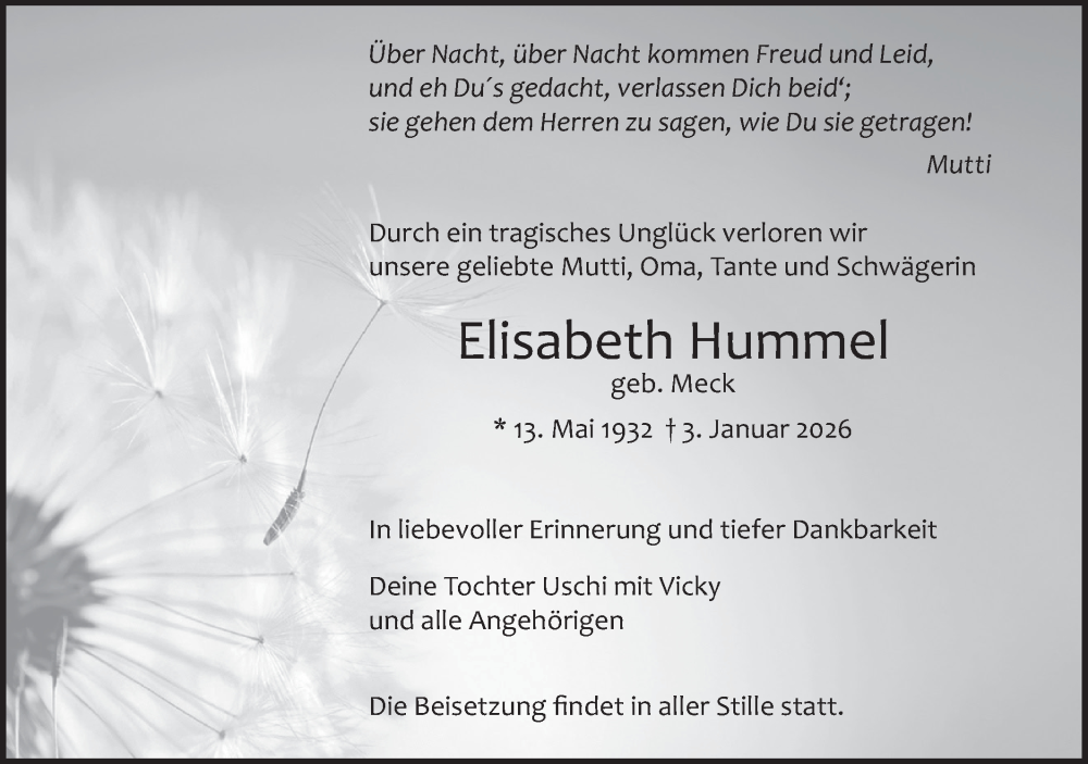  Traueranzeige für Elisabeth Hummel vom 17.01.2026 aus SÜDWEST PRESSE Ausgabe Ulm/Neu-Ulm