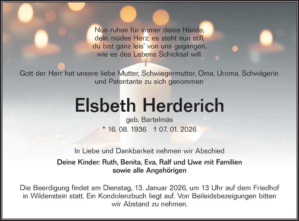  Traueranzeige für Elsbeth Herderich vom 10.01.2026 aus Hohenloher Tagblatt