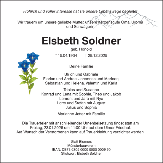 Traueranzeige von Elsbeth Soldner von SÜDWEST PRESSE Ausgabe Ulm/Neu-Ulm