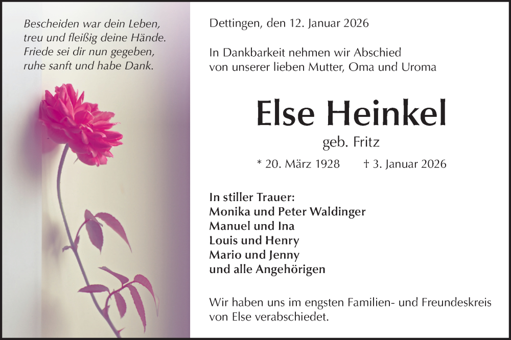  Traueranzeige für Else Heinkel vom 12.01.2026 aus Alb-Bote/Metzinger-Uracher Volksblatt