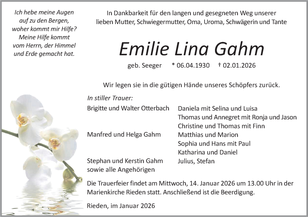  Traueranzeige für Emilie Lina Gahm vom 10.01.2026 aus Haller Tagblatt