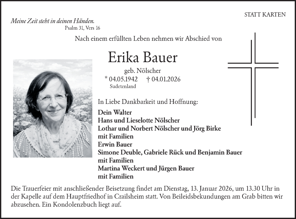  Traueranzeige für Erika Bauer vom 10.01.2026 aus Hohenloher Tagblatt